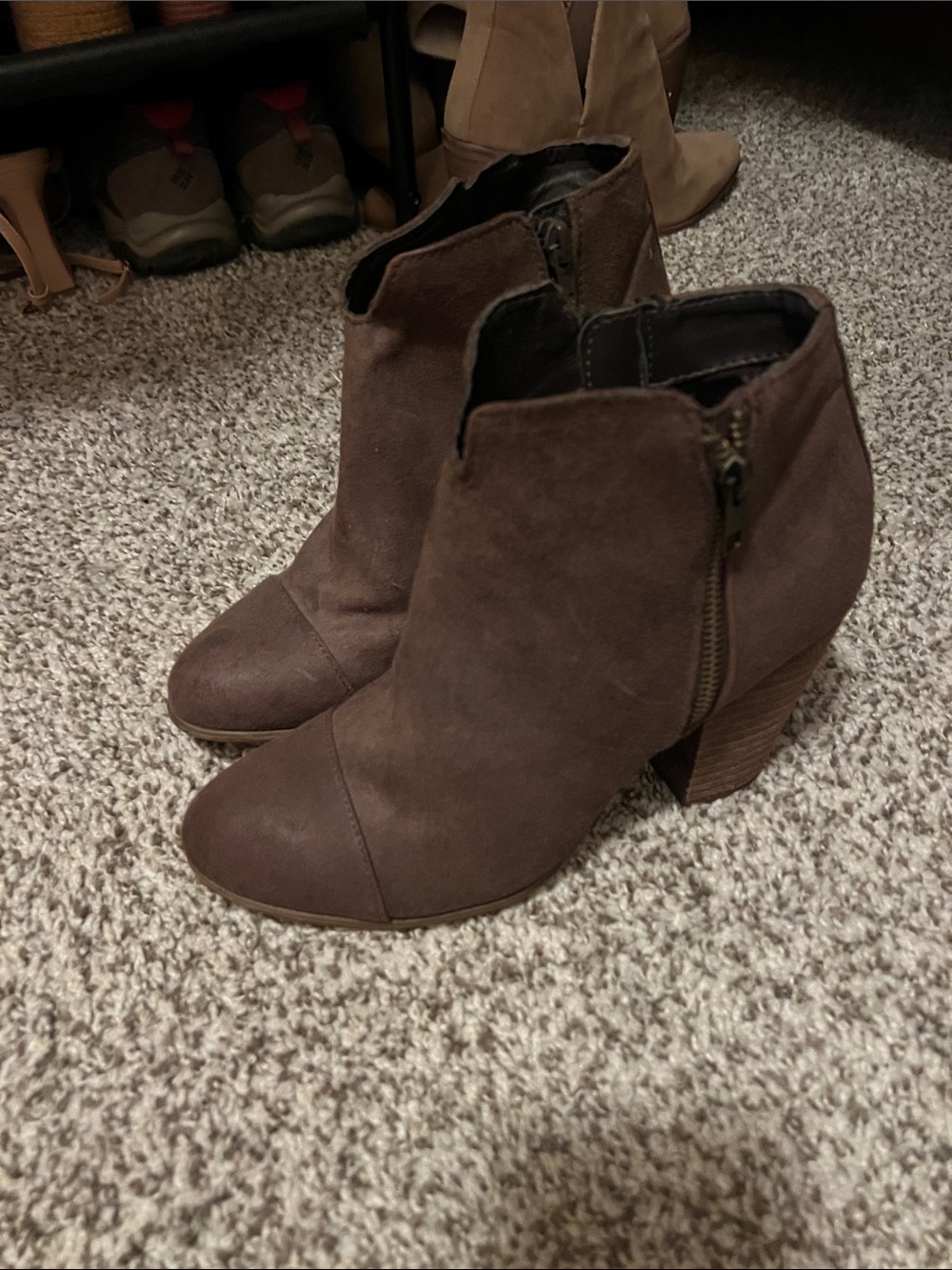 Women's Brown Suede-Look Ankle Booties with Side Zip